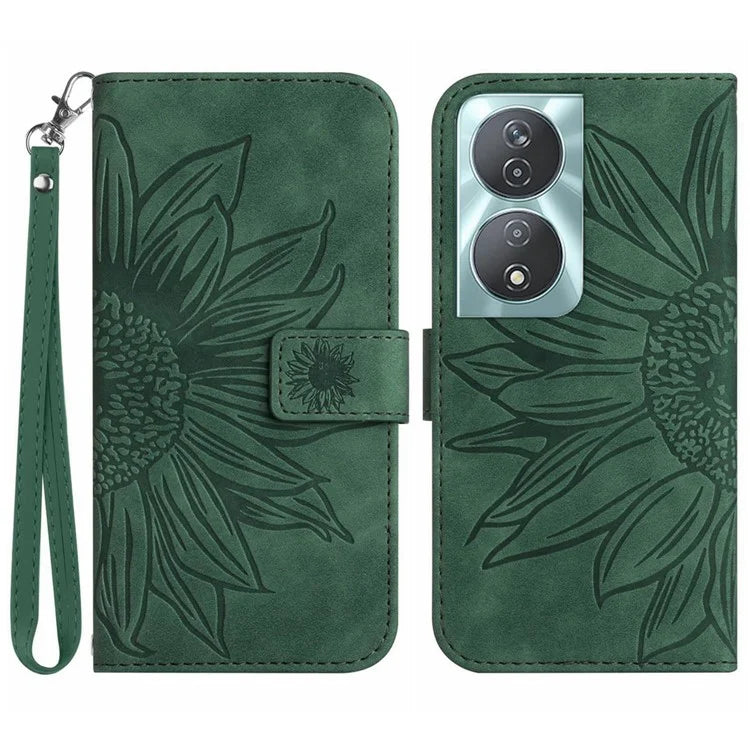 HT04 For Honor 90 Smart / X7b 4G Leather Wallet Case Sunflower Phone Cover with Wrist Strap