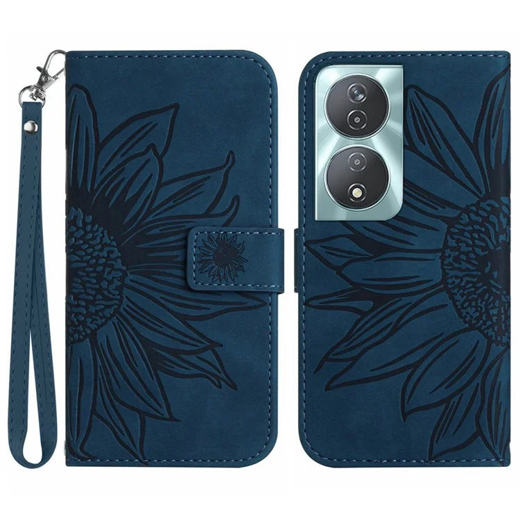HT04 For Honor 90 Smart / X7b 4G Leather Wallet Case Sunflower Phone Cover with Wrist Strap