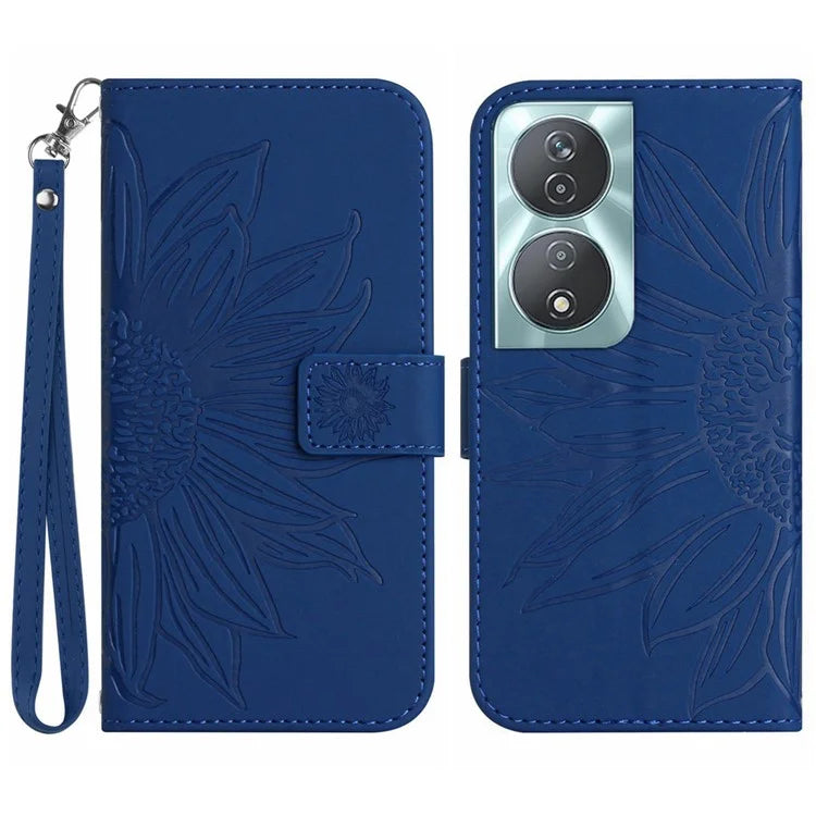 HT04 For Honor 90 Smart / X7b 4G Leather Wallet Case Sunflower Phone Cover with Wrist Strap