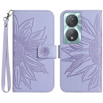 HT04 For Honor 90 Smart / X7b 4G Leather Wallet Case Sunflower Phone Cover with Wrist Strap