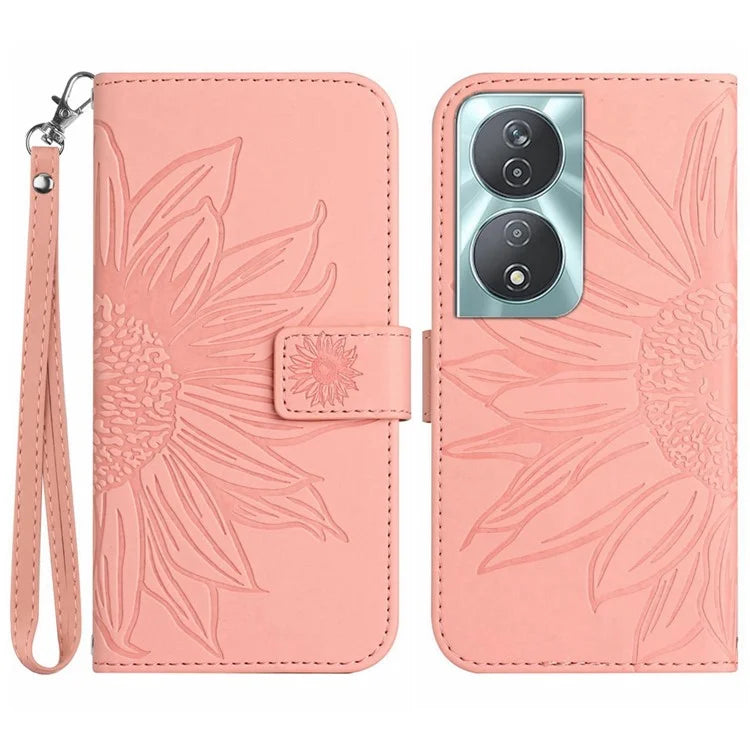 HT04 For Honor 90 Smart / X7b 4G Leather Wallet Case Sunflower Phone Cover with Wrist Strap
