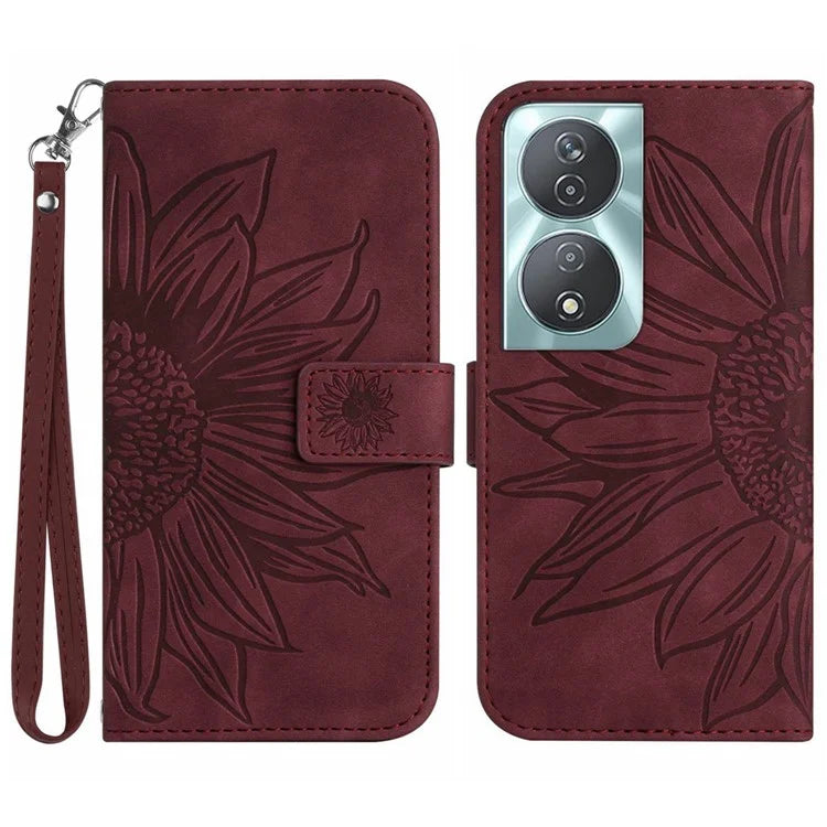 HT04 For Honor 90 Smart / X7b 4G Leather Wallet Case Sunflower Phone Cover with Wrist Strap