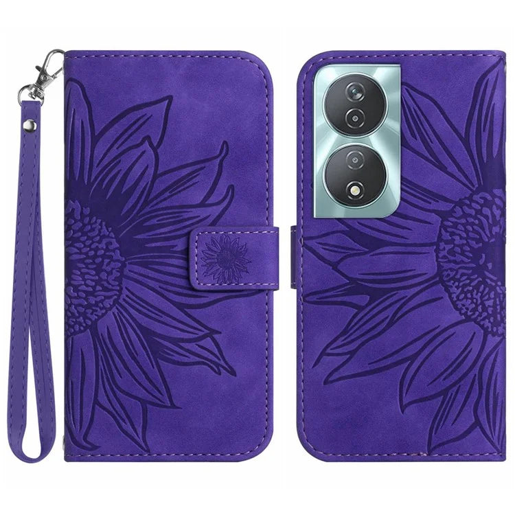 HT04 For Honor 90 Smart / X7b 4G Leather Wallet Case Sunflower Phone Cover with Wrist Strap