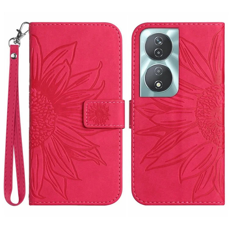 HT04 For Honor 90 Smart / X7b 4G Leather Wallet Case Sunflower Phone Cover with Wrist Strap