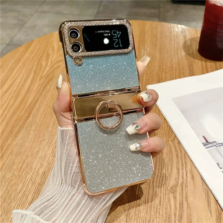 For Samsung Galaxy Z Flip3 5G / Z Flip4 5G Kickstand Case Glitter Design Rhinestone Decor Hard PC Phone Cover