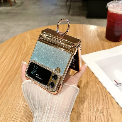 For Samsung Galaxy Z Flip3 5G / Z Flip4 5G Kickstand Case Glitter Design Rhinestone Decor Hard PC Phone Cover