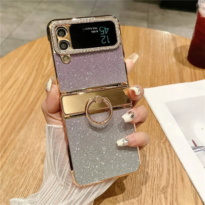 For Samsung Galaxy Z Flip3 5G / Z Flip4 5G Kickstand Case Glitter Design Rhinestone Decor Hard PC Phone Cover