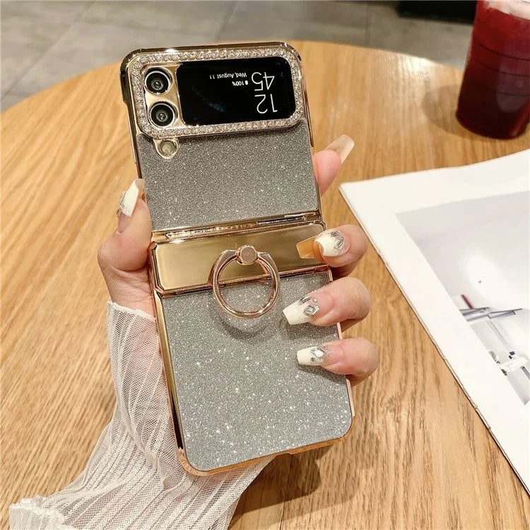 For Samsung Galaxy Z Flip3 5G / Z Flip4 5G Kickstand Case Glitter Design Rhinestone Decor Hard PC Phone Cover