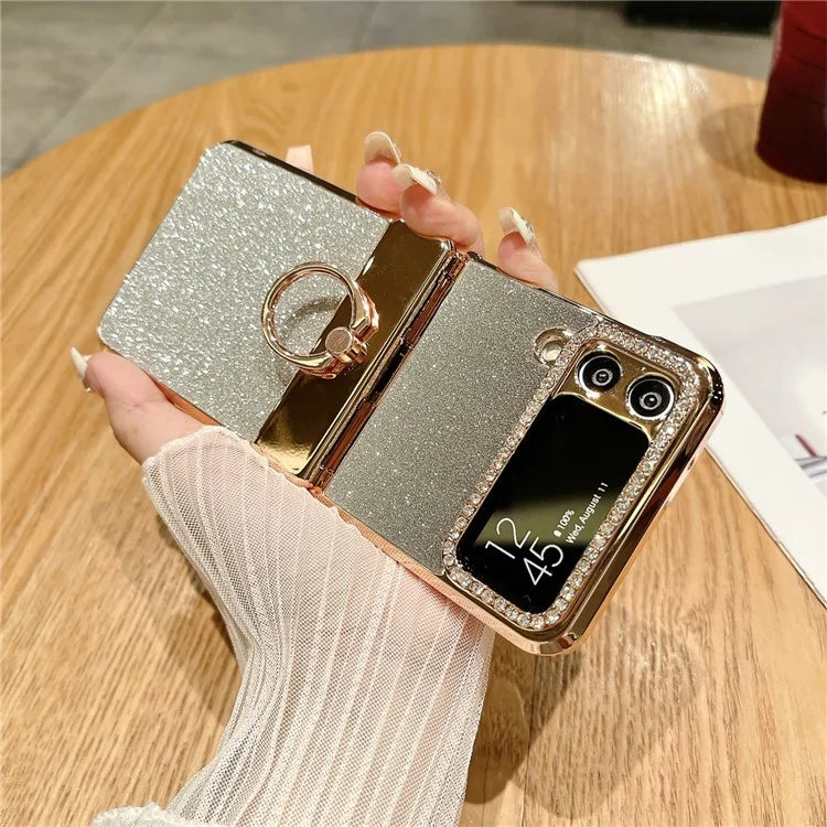 For Samsung Galaxy Z Flip3 5G / Z Flip4 5G Kickstand Case Glitter Design Rhinestone Decor Hard PC Phone Cover