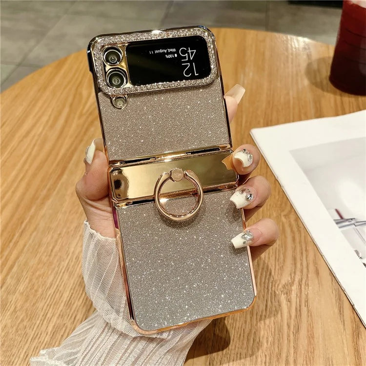 For Samsung Galaxy Z Flip3 5G / Z Flip4 5G Kickstand Case Glitter Design Rhinestone Decor Hard PC Phone Cover