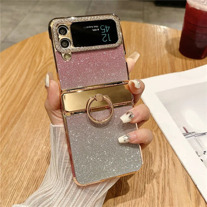 For Samsung Galaxy Z Flip3 5G / Z Flip4 5G Kickstand Case Glitter Design Rhinestone Decor Hard PC Phone Cover