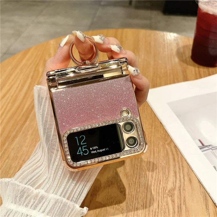 For Samsung Galaxy Z Flip3 5G / Z Flip4 5G Kickstand Case Glitter Design Rhinestone Decor Hard PC Phone Cover