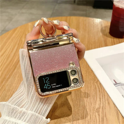 For Samsung Galaxy Z Flip3 5G / Z Flip4 5G Kickstand Case Glitter Design Rhinestone Decor Hard PC Phone Cover
