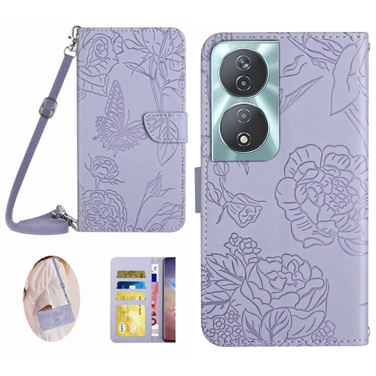 HT03 For Honor 90 Smart /  X7b 4G Crossbody Leather Phone Case Butterfly Wallet Cover