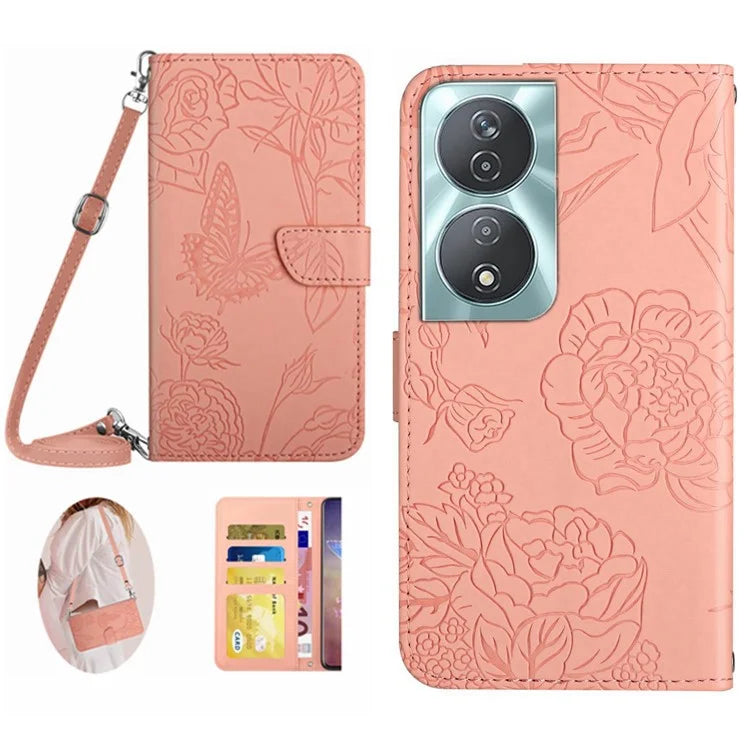 HT03 For Honor 90 Smart /  X7b 4G Crossbody Leather Phone Case Butterfly Wallet Cover