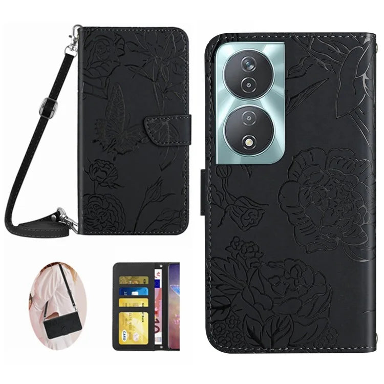 HT03 For Honor 90 Smart /  X7b 4G Crossbody Leather Phone Case Butterfly Wallet Cover