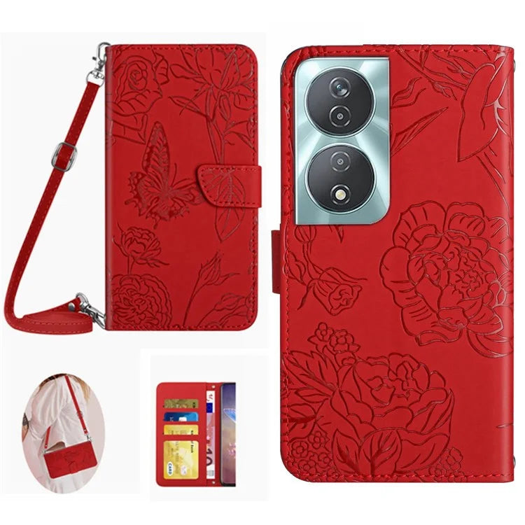 HT03 For Honor 90 Smart /  X7b 4G Crossbody Leather Phone Case Butterfly Wallet Cover