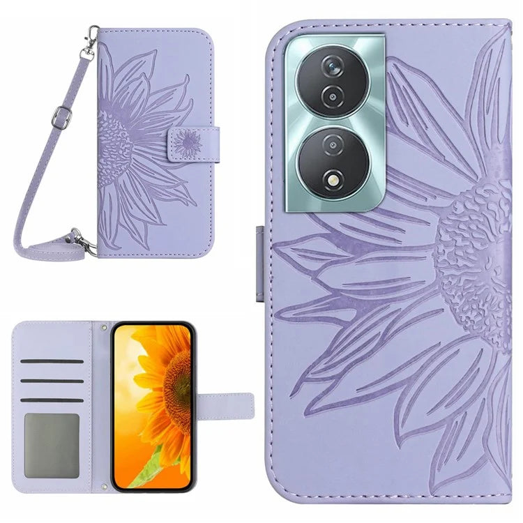 HT04 For Honor 90 Smart / X7b 4G Case Sunflower Leather Phone Cover with Shoulder Strap