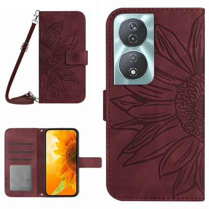 HT04 For Honor 90 Smart / X7b 4G Case Sunflower Leather Phone Cover with Shoulder Strap