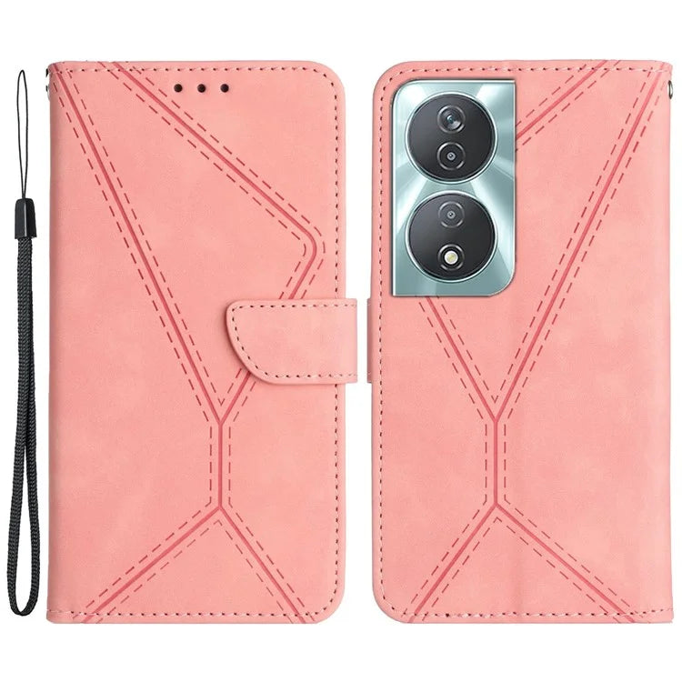 HT05 For Honor 90 Smart / X7b 4G Magnetic Phone Case Lines Imprinted Leather Flip Stand Cover