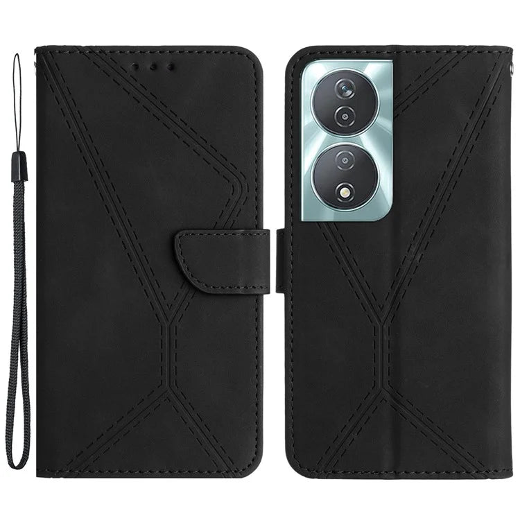 HT05 For Honor 90 Smart / X7b 4G Magnetic Phone Case Lines Imprinted Leather Flip Stand Cover