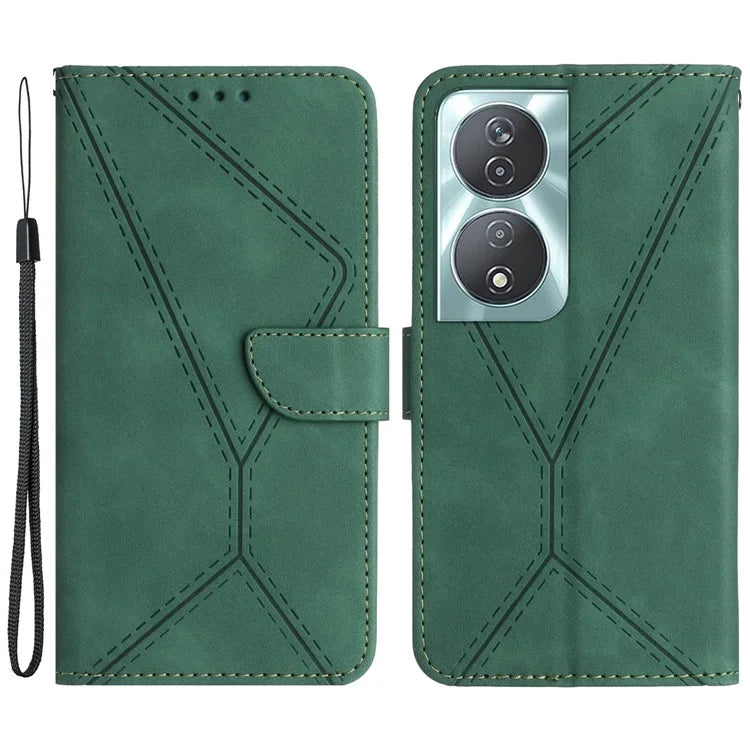 HT05 For Honor 90 Smart / X7b 4G Magnetic Phone Case Lines Imprinted Leather Flip Stand Cover