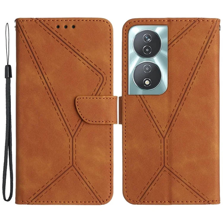 HT05 For Honor 90 Smart / X7b 4G Magnetic Phone Case Lines Imprinted Leather Flip Stand Cover