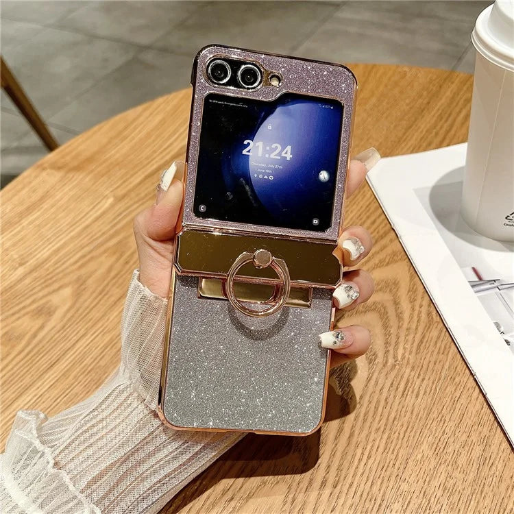 For Samsung Galaxy Z Flip5 5G Glitter Design Hard PC Phone Cover with Ring Kickstand