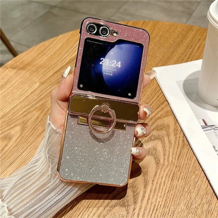 For Samsung Galaxy Z Flip5 5G Glitter Design Hard PC Phone Cover with Ring Kickstand
