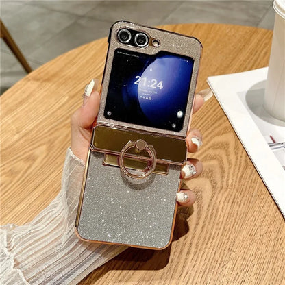 For Samsung Galaxy Z Flip5 5G Glitter Design Hard PC Phone Cover with Ring Kickstand