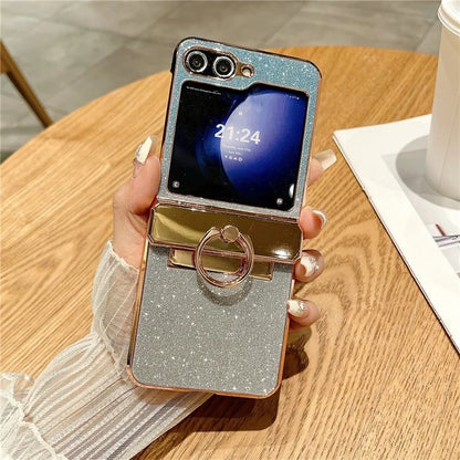 For Samsung Galaxy Z Flip5 5G Glitter Design Hard PC Phone Cover with Ring Kickstand