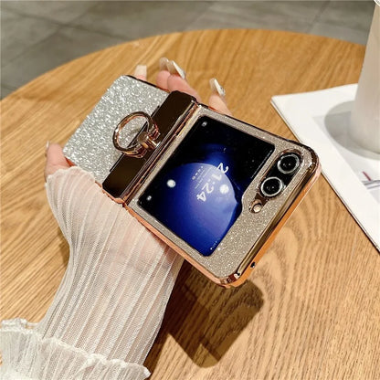 For Samsung Galaxy Z Flip5 5G Glitter Design Hard PC Phone Cover with Ring Kickstand