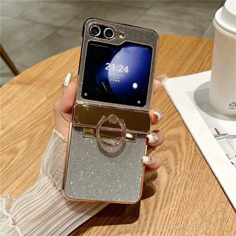 For Samsung Galaxy Z Flip5 5G Glitter Design Hard PC Phone Cover with Ring Kickstand