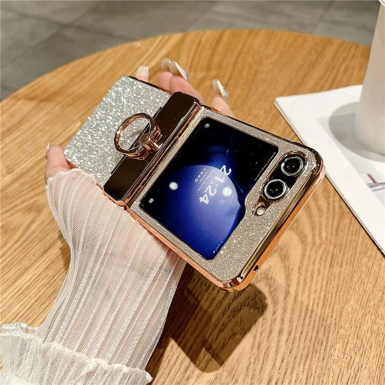 For Samsung Galaxy Z Flip5 5G Glitter Design Hard PC Phone Cover with Ring Kickstand