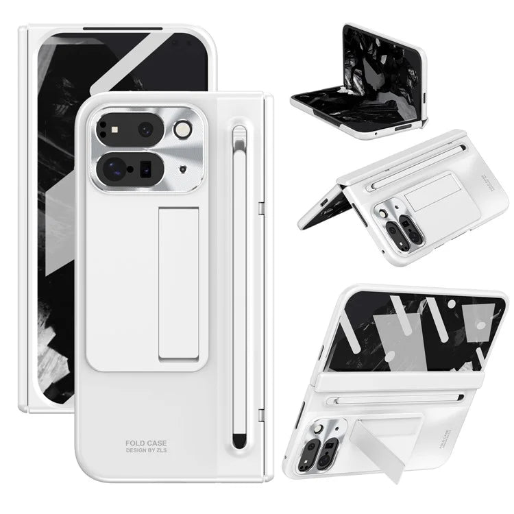 For Google Pixel Fold 2 Case Kickstand Hinge PC Phone Cover with Tempered Glass Film, Stylus