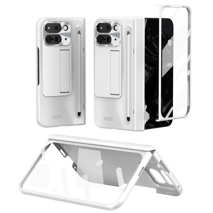 For Google Pixel Fold 2 Case Kickstand Hinge PC Phone Cover with Tempered Glass Film, Stylus