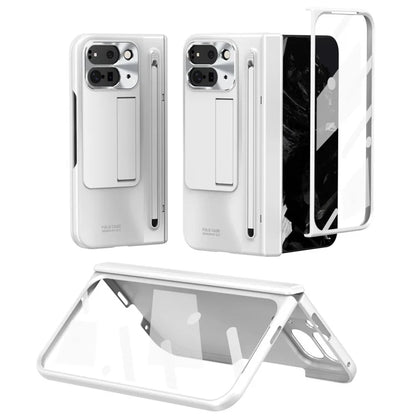 For Google Pixel Fold 2 Case Kickstand Hinge PC Phone Cover with Tempered Glass Film, Stylus