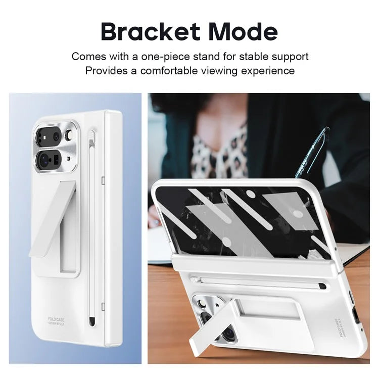 For Google Pixel Fold 2 Case Kickstand Hinge PC Phone Cover with Tempered Glass Film, Stylus
