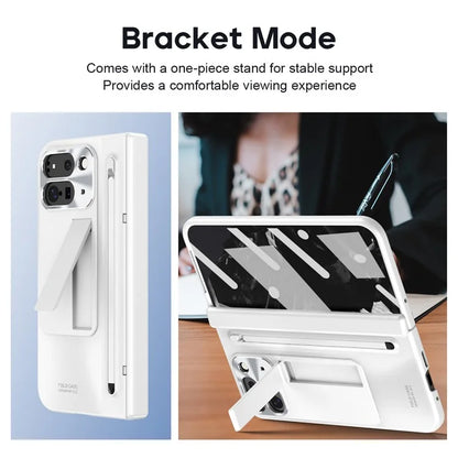 For Google Pixel Fold 2 Case Kickstand Hinge PC Phone Cover with Tempered Glass Film, Stylus