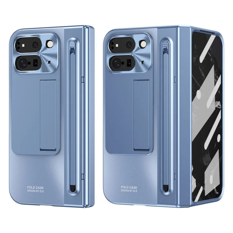 For Google Pixel Fold 2 Case Kickstand Hinge PC Phone Cover with Tempered Glass Film, Stylus