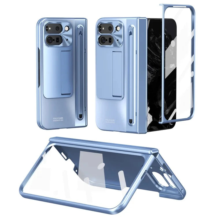 For Google Pixel Fold 2 Case Kickstand Hinge PC Phone Cover with Tempered Glass Film, Stylus