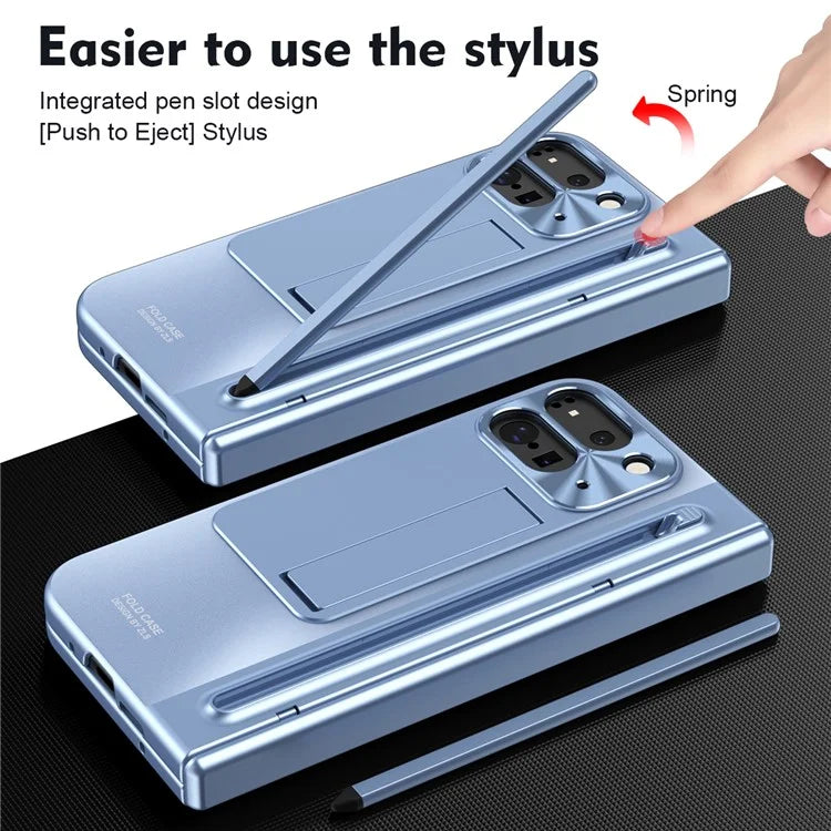 For Google Pixel Fold 2 Case Kickstand Hinge PC Phone Cover with Tempered Glass Film, Stylus