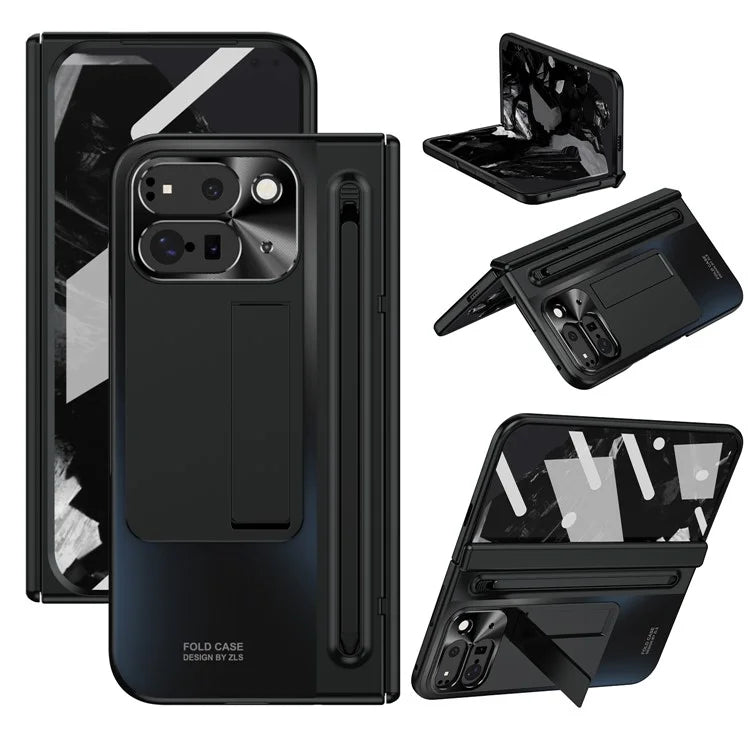 For Google Pixel Fold 2 Case Kickstand Hinge PC Phone Cover with Tempered Glass Film, Stylus