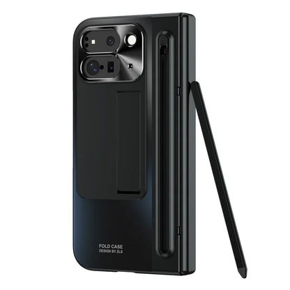 For Google Pixel Fold 2 Case Kickstand Hinge PC Phone Cover with Tempered Glass Film, Stylus