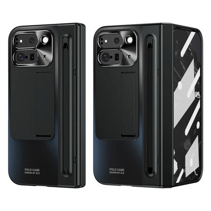 For Google Pixel Fold 2 Case Kickstand Hinge PC Phone Cover with Tempered Glass Film, Stylus