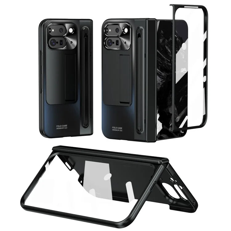 For Google Pixel Fold 2 Case Kickstand Hinge PC Phone Cover with Tempered Glass Film, Stylus