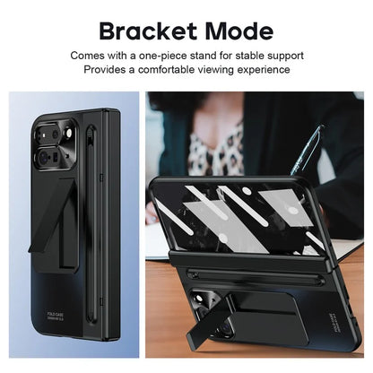 For Google Pixel Fold 2 Case Kickstand Hinge PC Phone Cover with Tempered Glass Film, Stylus