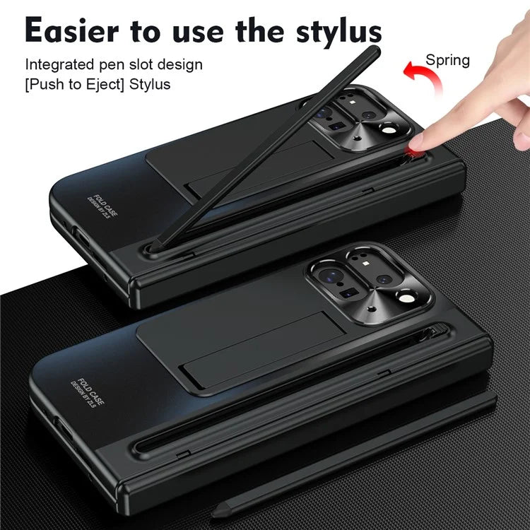 For Google Pixel Fold 2 Case Kickstand Hinge PC Phone Cover with Tempered Glass Film, Stylus