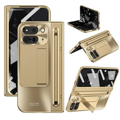 For Google Pixel Fold 2 Case Kickstand Hinge PC Phone Cover with Tempered Glass Film, Stylus