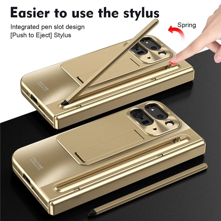 For Google Pixel Fold 2 Case Kickstand Hinge PC Phone Cover with Tempered Glass Film, Stylus